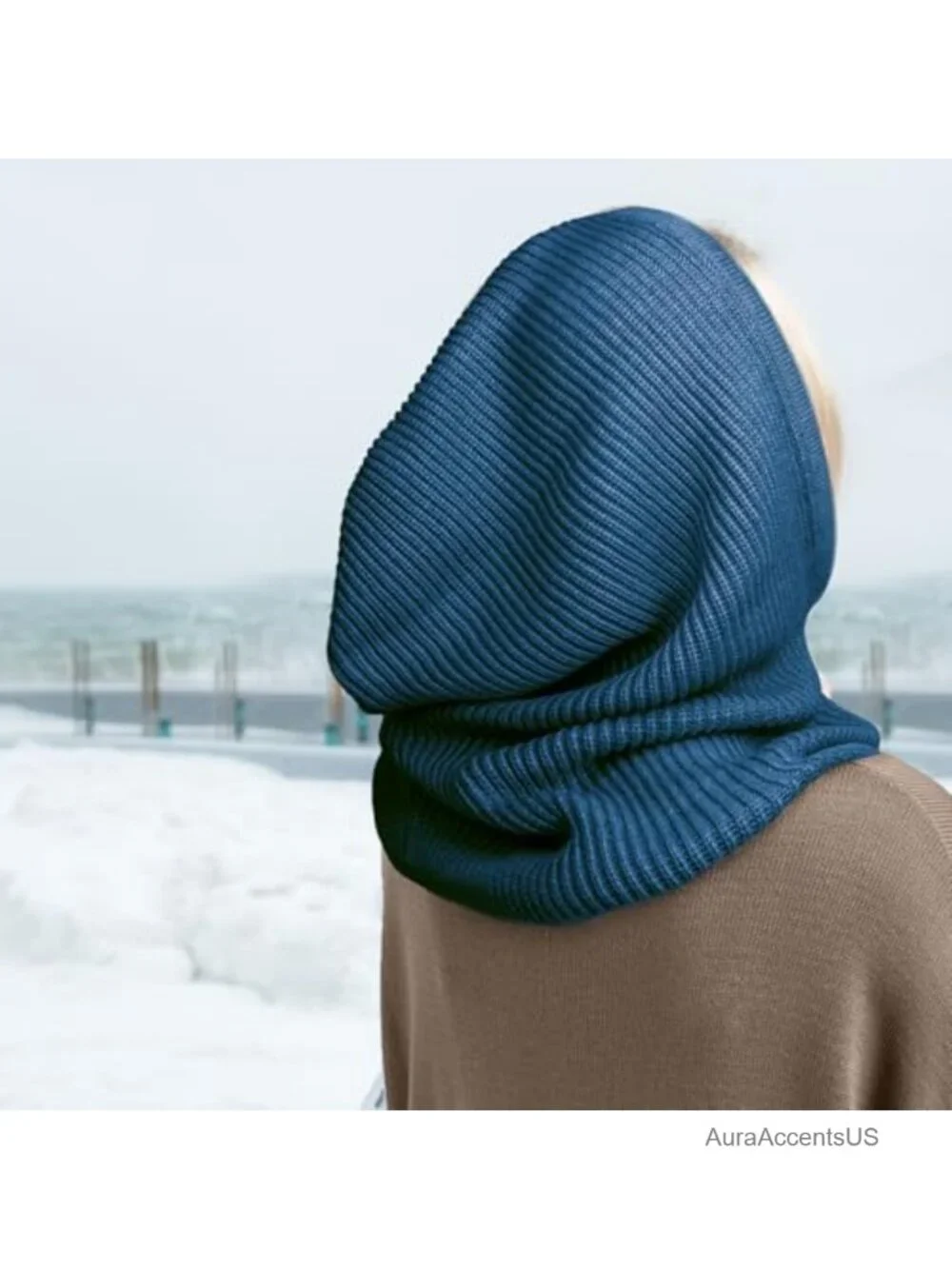 Knit Balaclava Hooded Scarf Hat Drawstring Winter Beanie